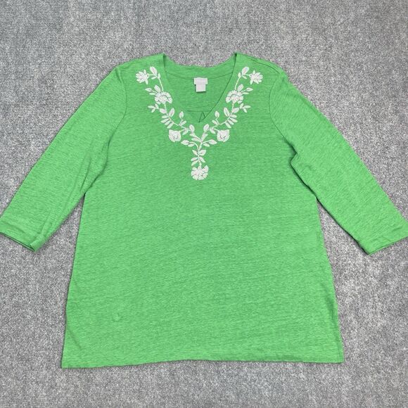 Chicos Tunic Top Womens Large 100% Linen Embroidered Sequined 3/4 Sleeve Green - Picture 2 of 11